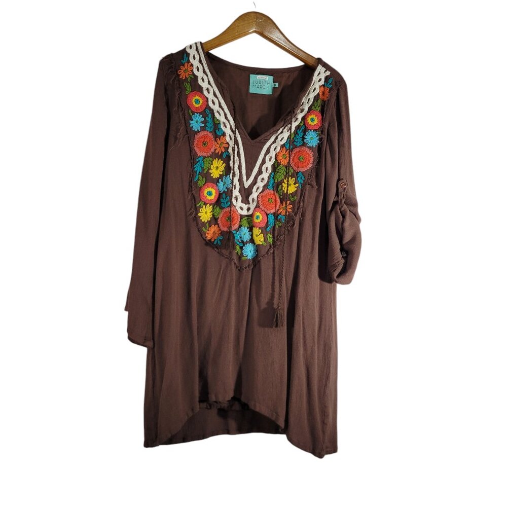 Judith March Tunic Top Womens Medium Brown Floral Embroidery Tassels Gauzy Lined